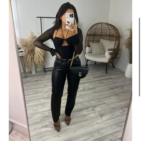 パンツ MOUSSYFAUX LEATHER HIGH WAIST HALF PANTS FAZAIQILUO Women's Street Wear, Synthetic Leather Pants